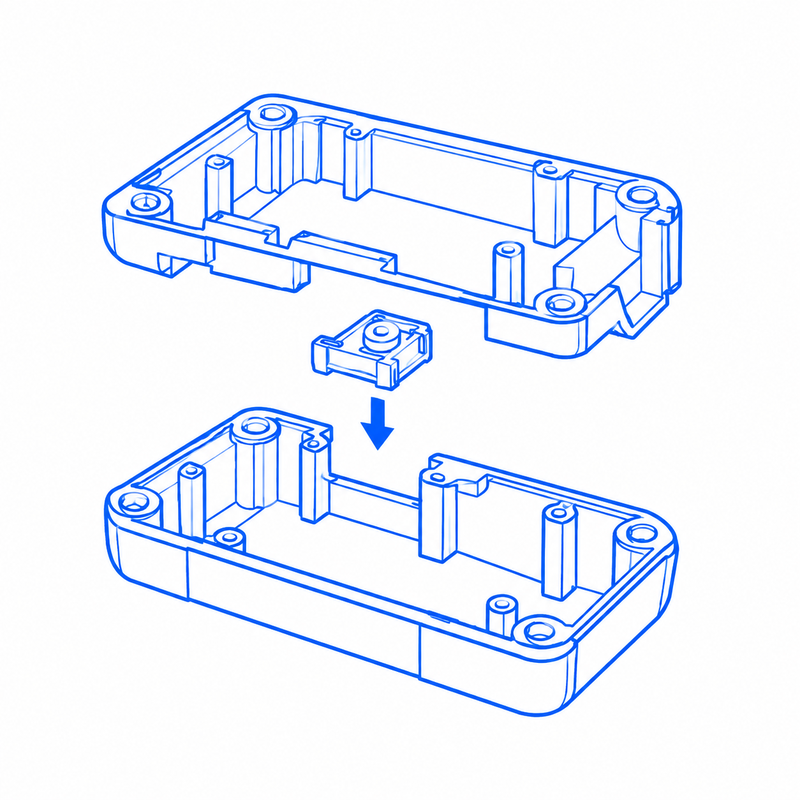 Molded housing components aligned for assembly