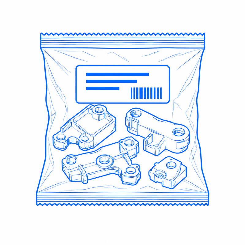 Heat-sealed labeled bag containing molded components