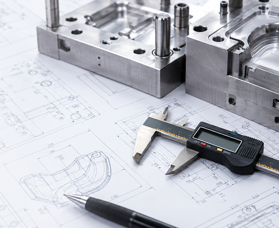 Precision molds and a digital caliper on engineering drawings