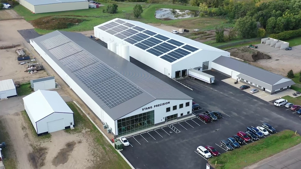 Solar panels across the rooftops of Stang Precision’s Paynesville manufacturing facility