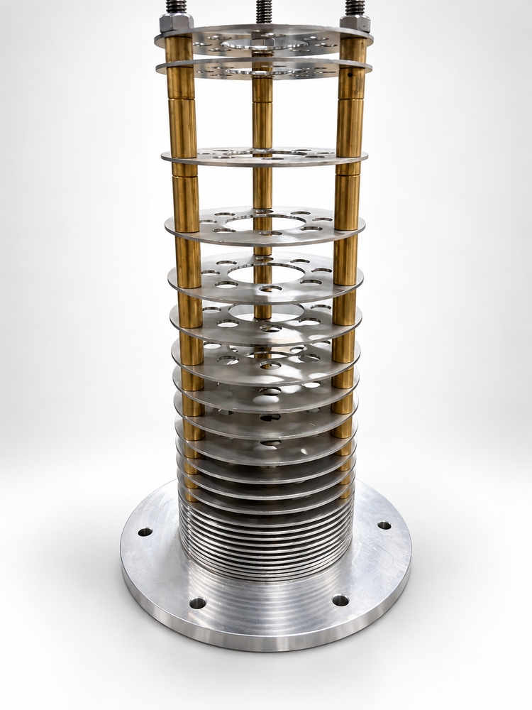 Extrusion sizer with stacked machined metal plates