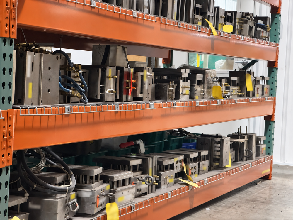 Injection molds stored on racks at Stang Precision